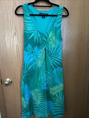 Jones New York Teal and Aqua Tropical-Print Midi Dress